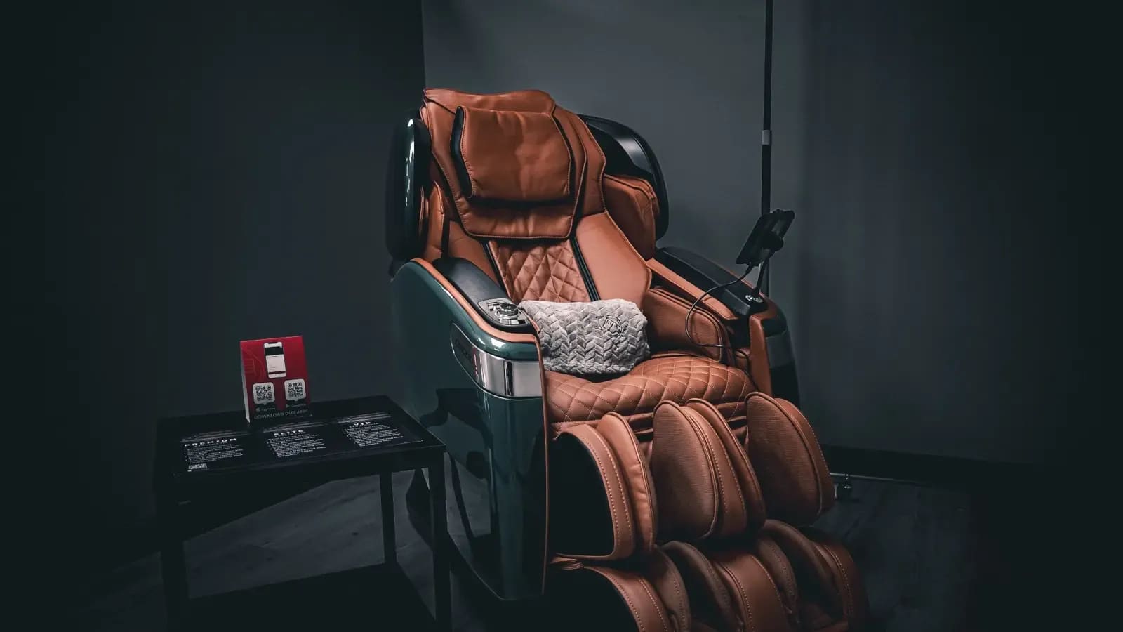 Brown leather massage chair in the Alpha IV Therapy clinic