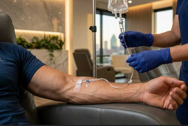 A medical professional with blue gloves on is connecting a medical line into another person's arm