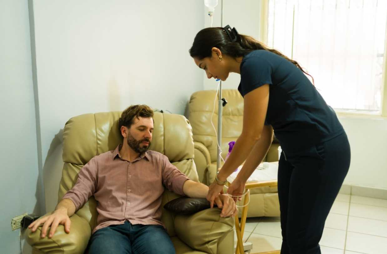 Healthcare Professional Setting Up IV Drip Bag